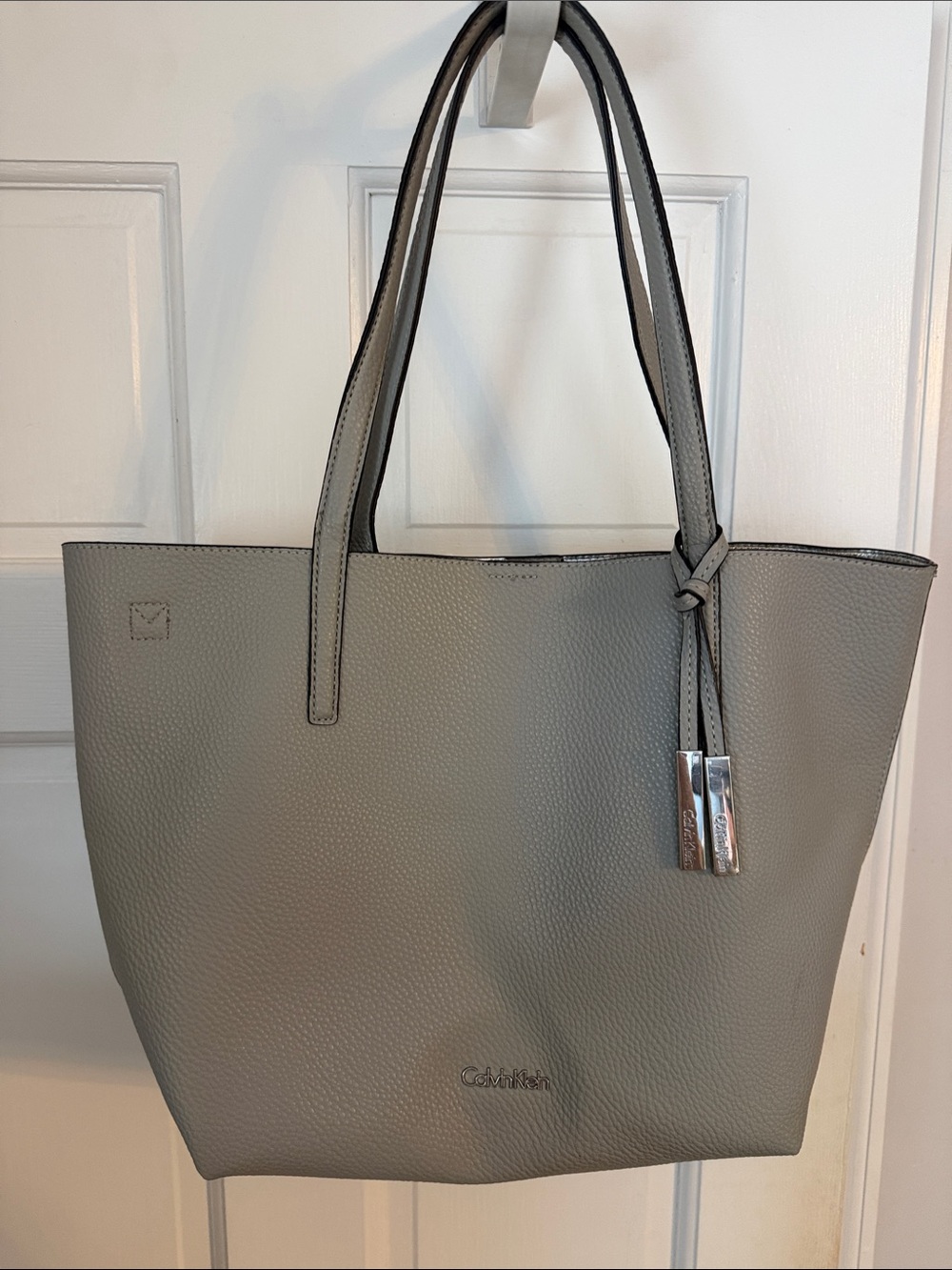 Calvin Klein Gray Pebbled Leather Tote with Polished Hardware